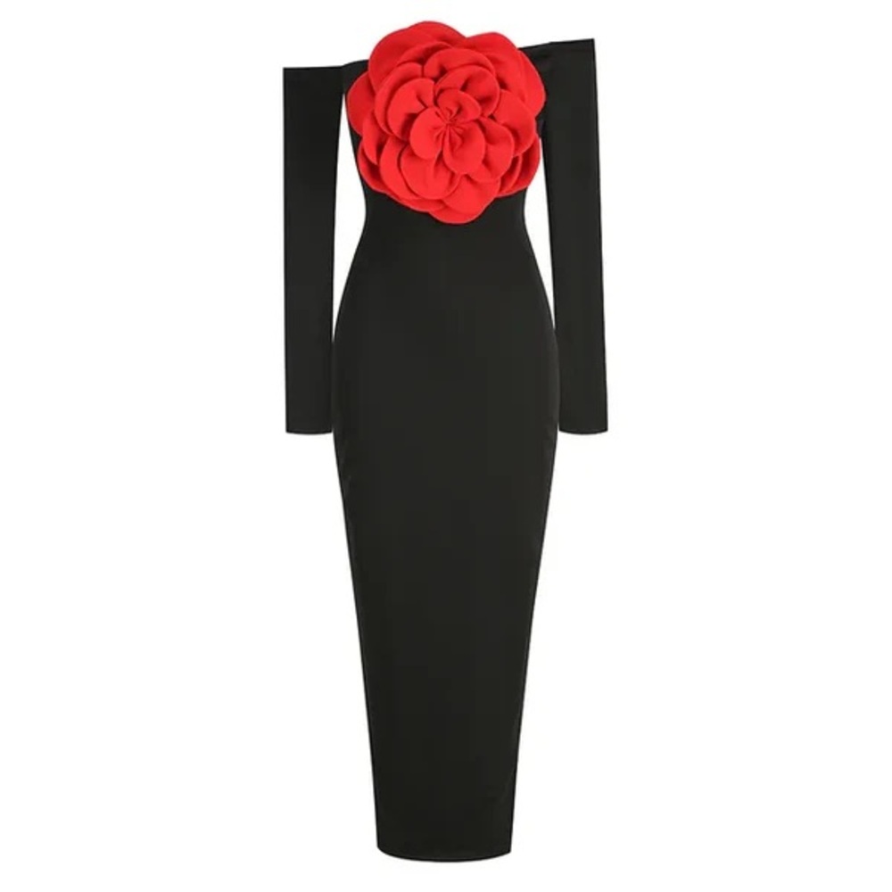 Elegant Black Dress with Red Floral Accent